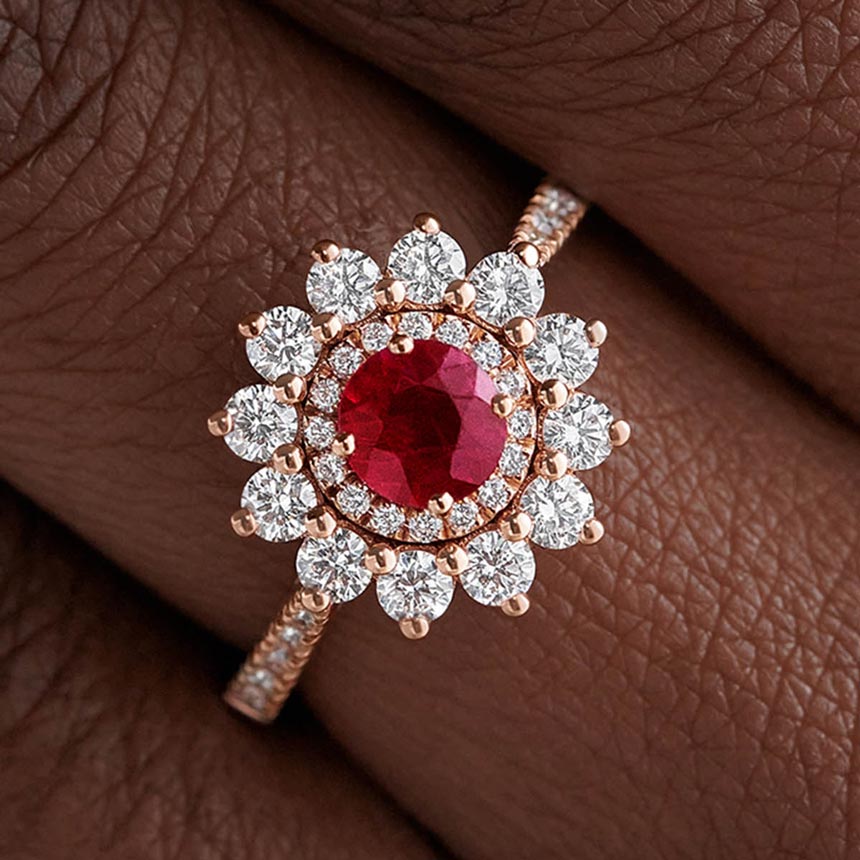 Bague Or rose 18 cts Rubis Lefkos 5 mm Pavée