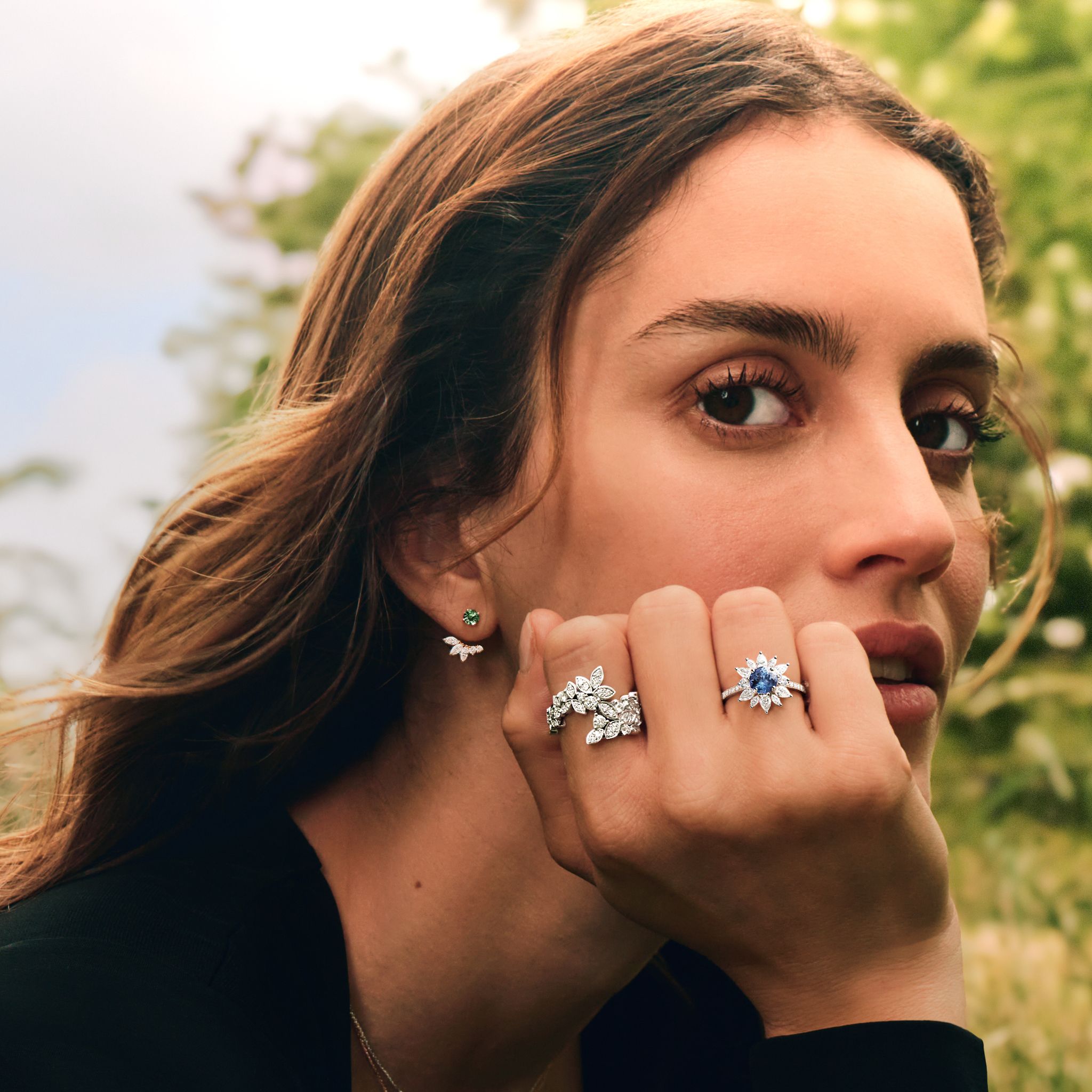 Everbloom Collection, Everbloom Alta in white gold and diamond, Everbloom Prima in white gold and sapphire, Everbloom earring in white gold and green sapphire