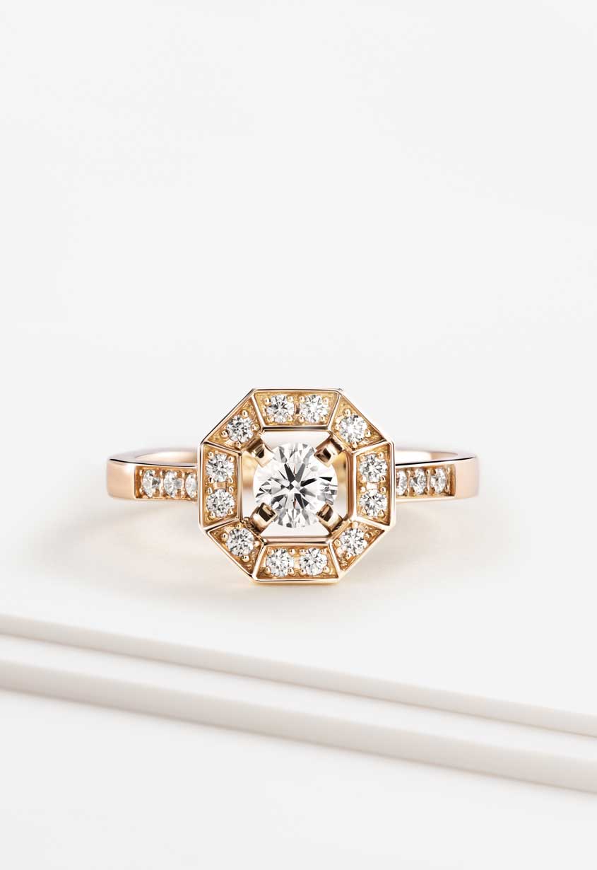 Ring 18K Roségold Diamant Art Déco Rond 4 mm