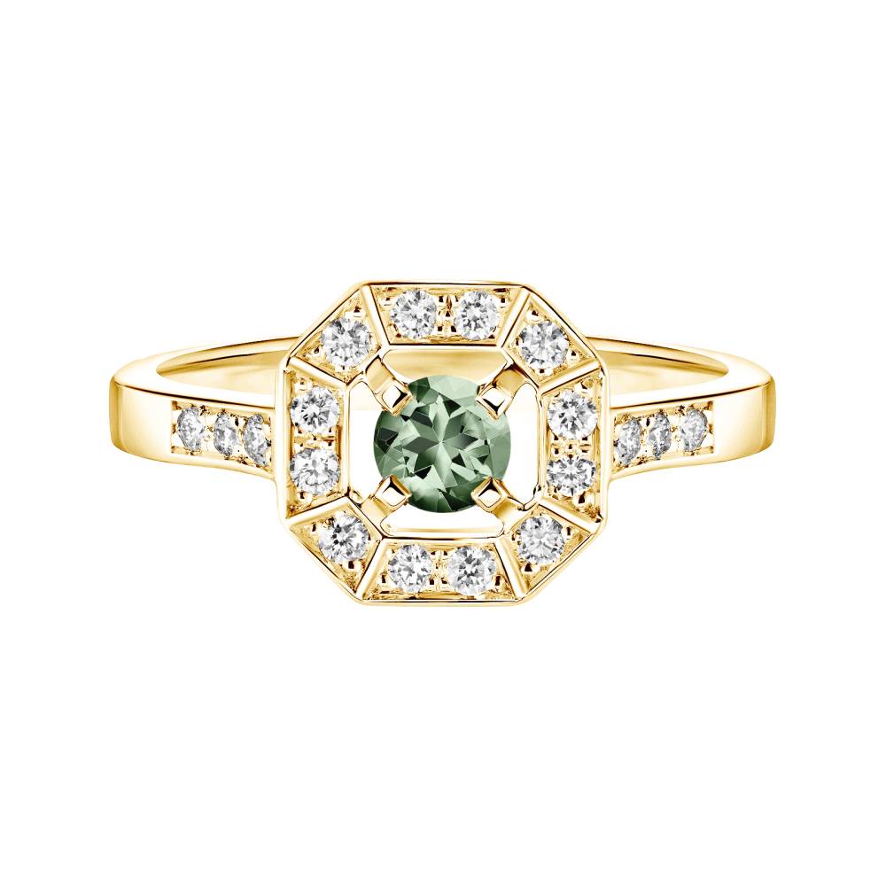 Bague Or jaune Saphir Vert et diamants Art Déco Rond 4 mm 2