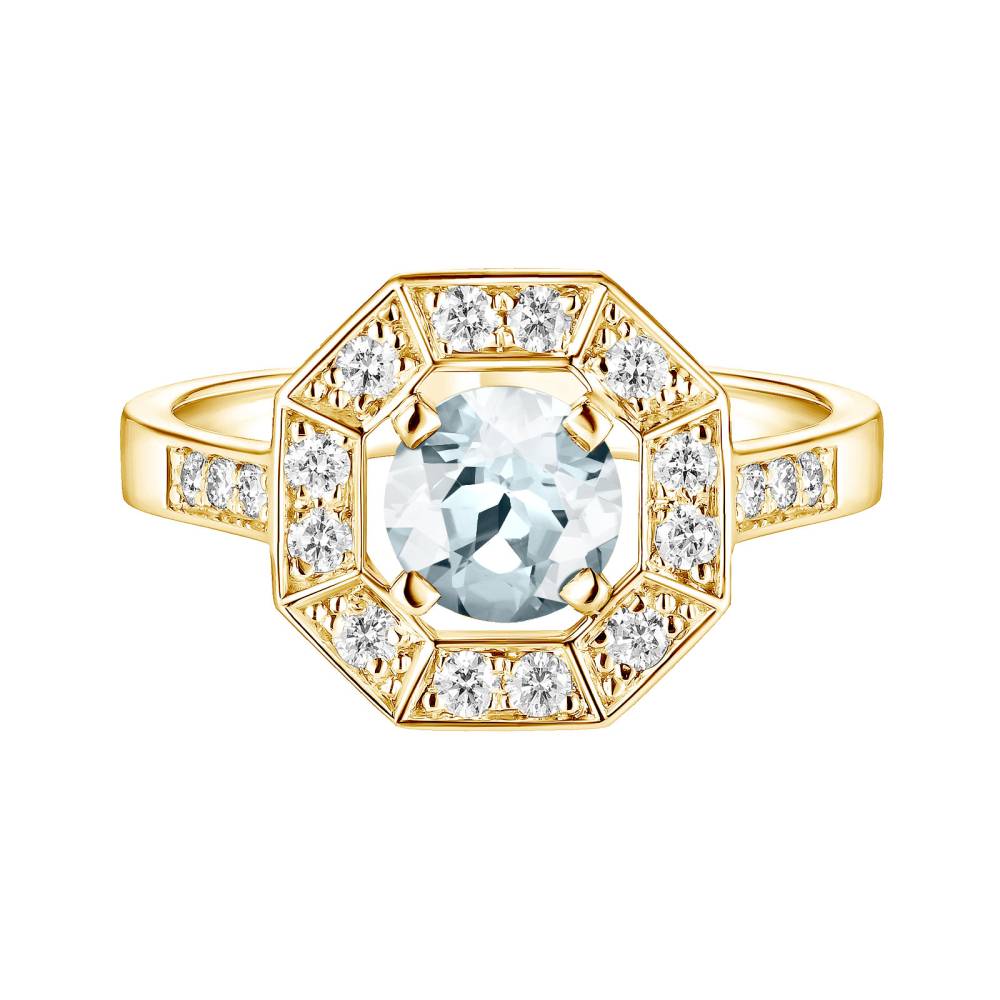 Ring Yellow gold Aquamarine and diamonds Art Déco Rond 6 mm 2