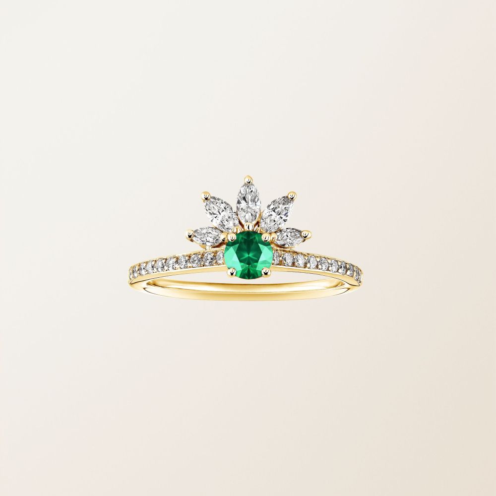 Ring Yellow gold Emerald and diamonds EverBloom Pavée 4 mm 2