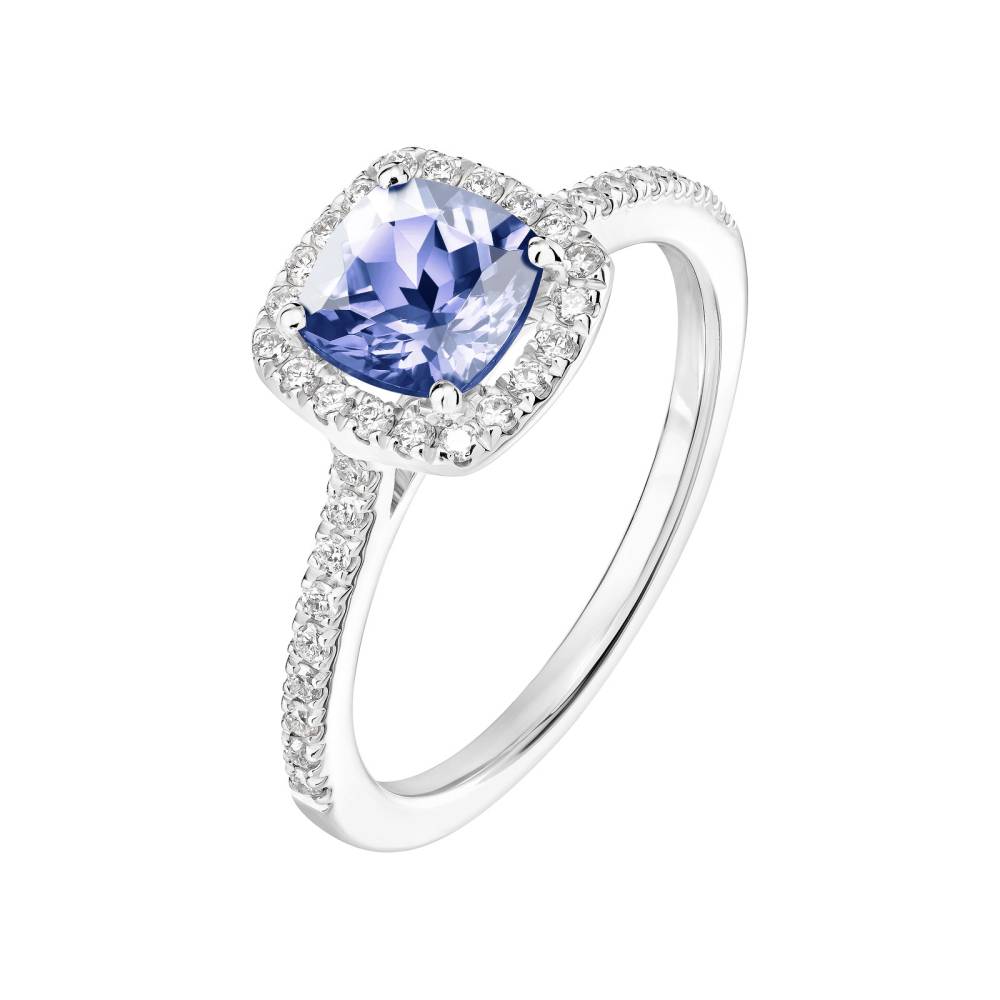 Bague Platine Tanzanite et diamants Rétromantique Coussin Pavée 2