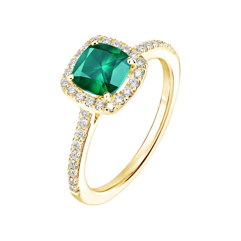 Ring Yellow gold Emerald and diamonds Rétromantique Coussin Pavée 2