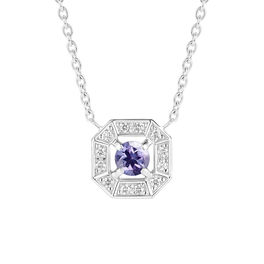 Pendentif Or blanc Tanzanite et diamants Art Déco Rond 4 mm 2