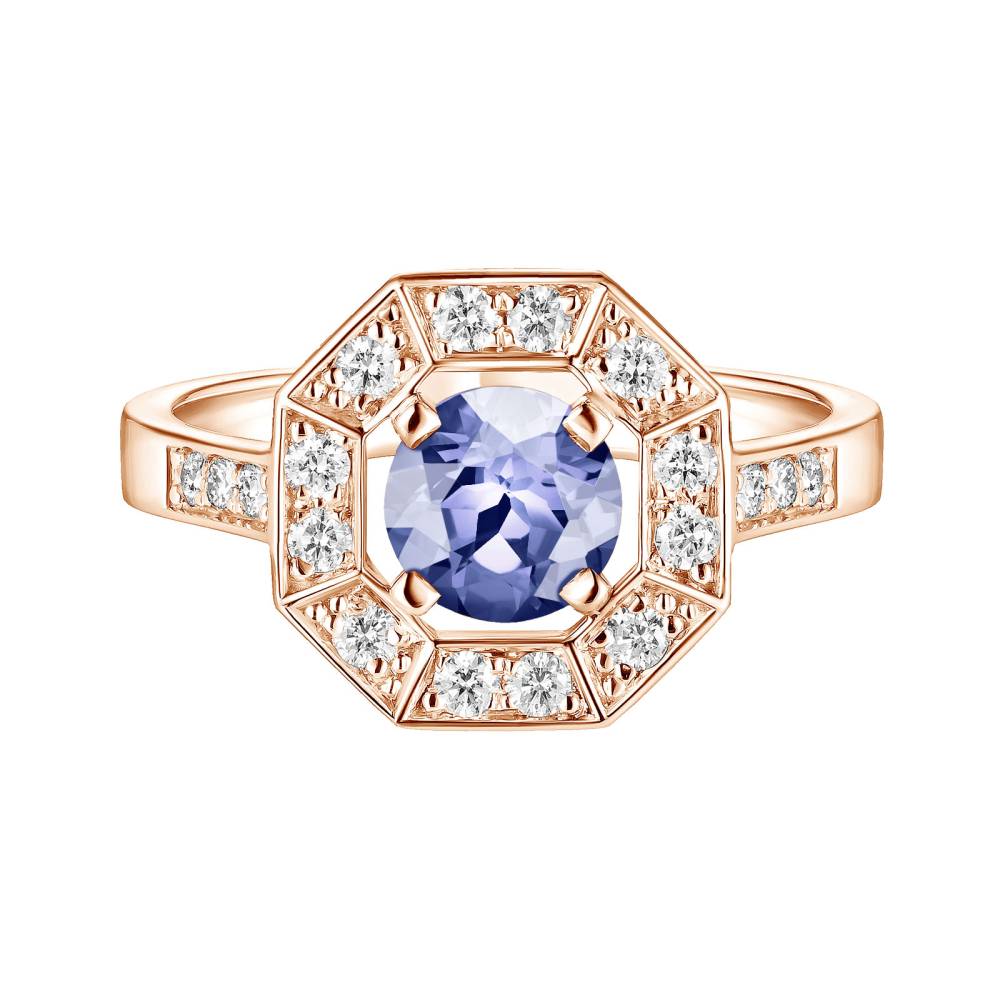 Ring Rose gold Tanzanite and diamonds Art Déco Rond 6 mm 2