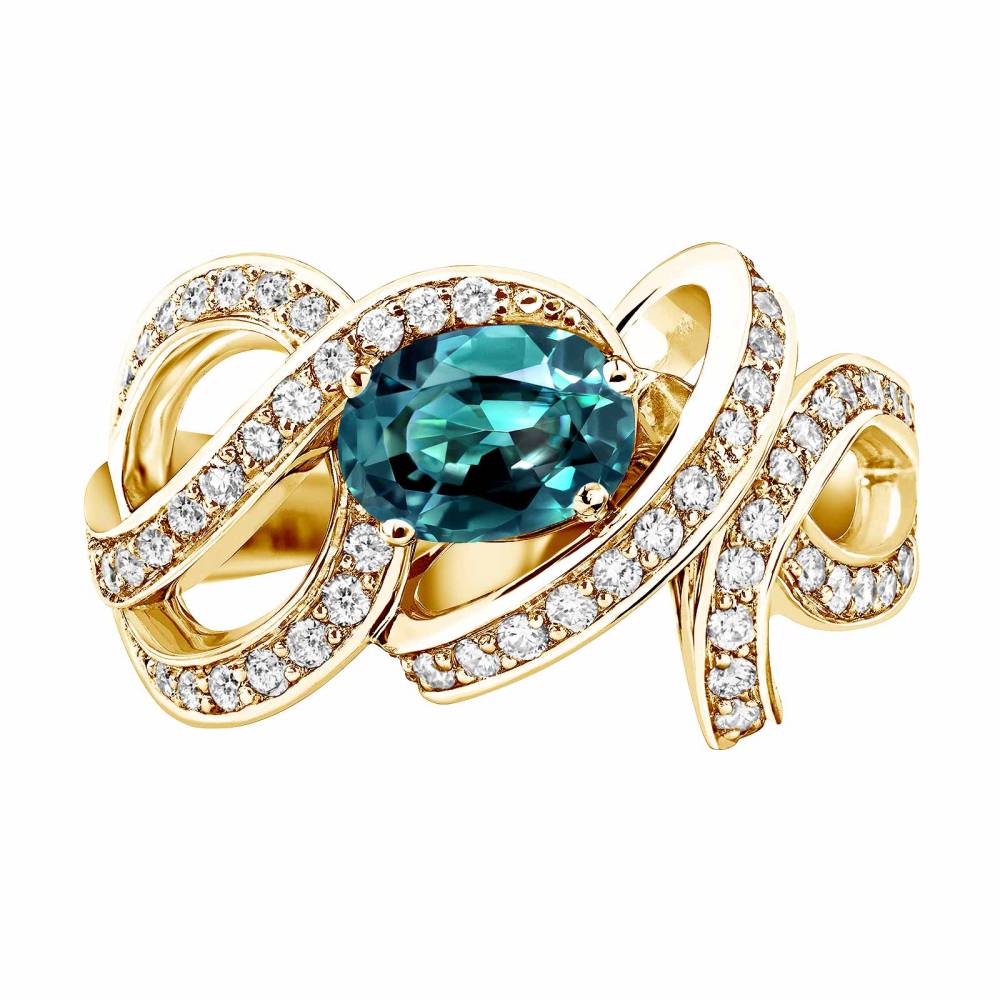 Ring Yellow gold Teal Sapphire and diamonds Olympia 2