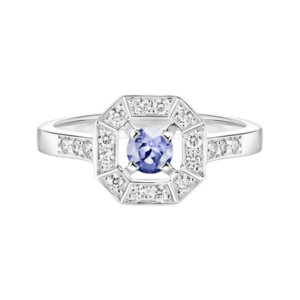 Bague Or blanc Tanzanite et diamants Art Déco Rond 4 mm 2