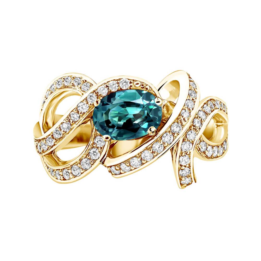 Ring Yellow gold Teal Sapphire and diamonds Olympia 2