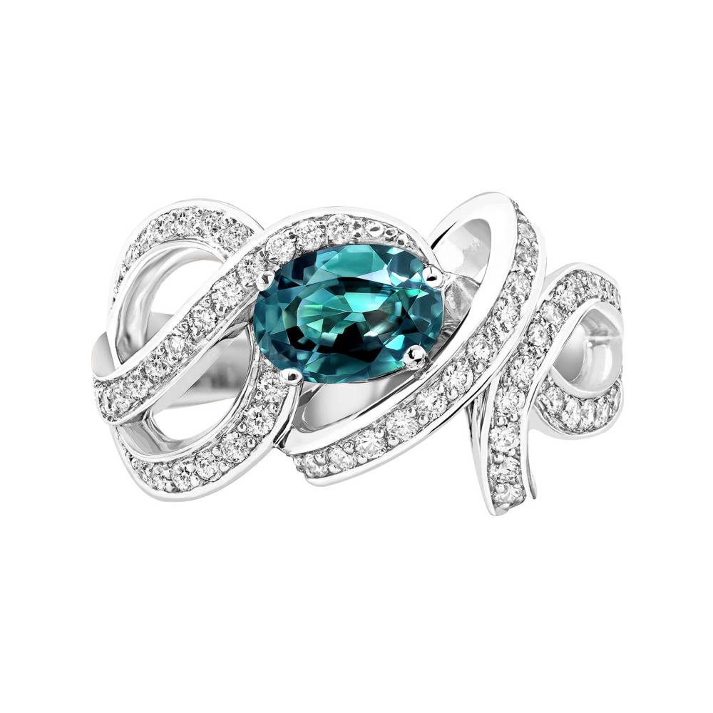 Ring White gold Teal Sapphire and diamonds Olympia 2