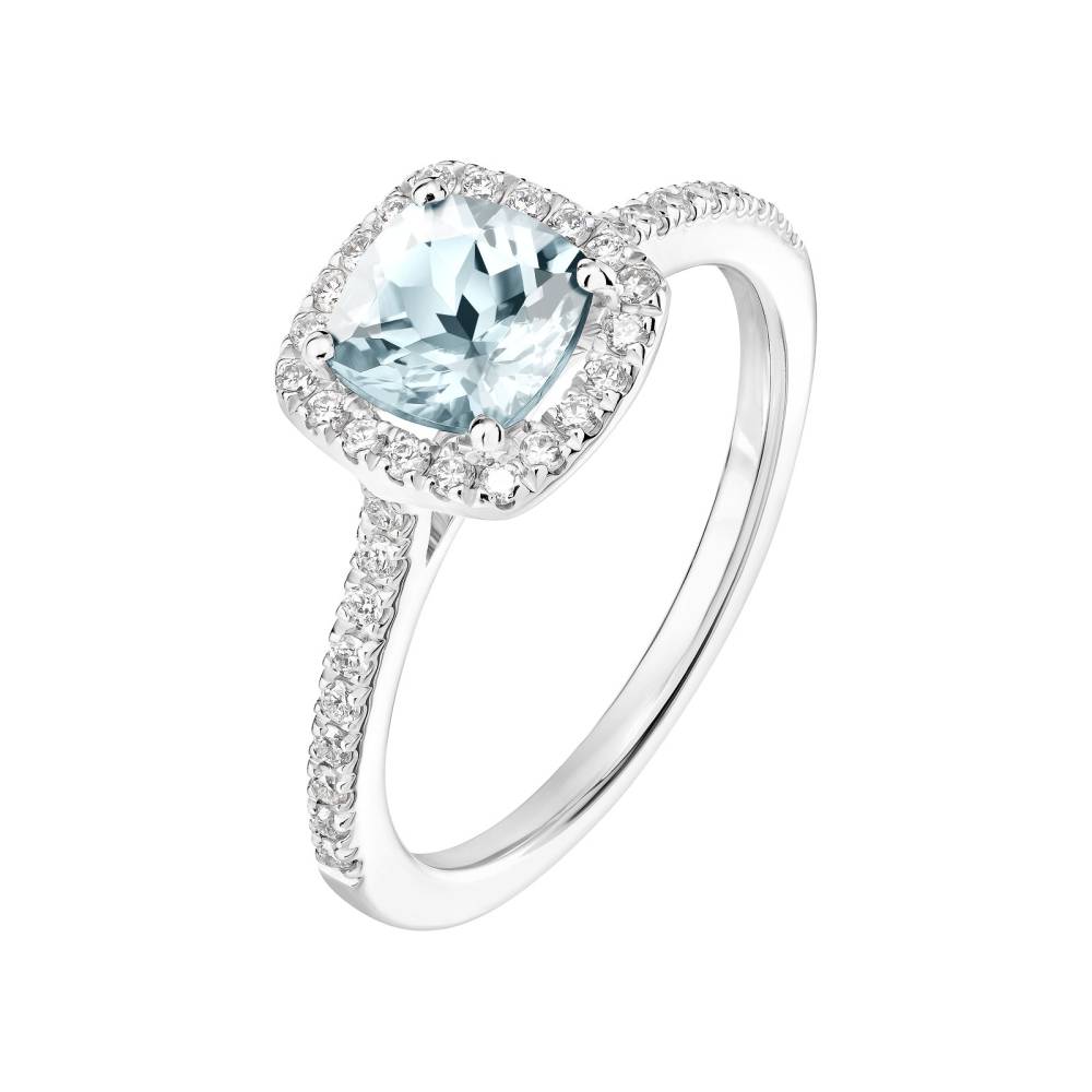 Bague Or blanc Aigue-marine et diamants Rétromantique Coussin Pavée 2