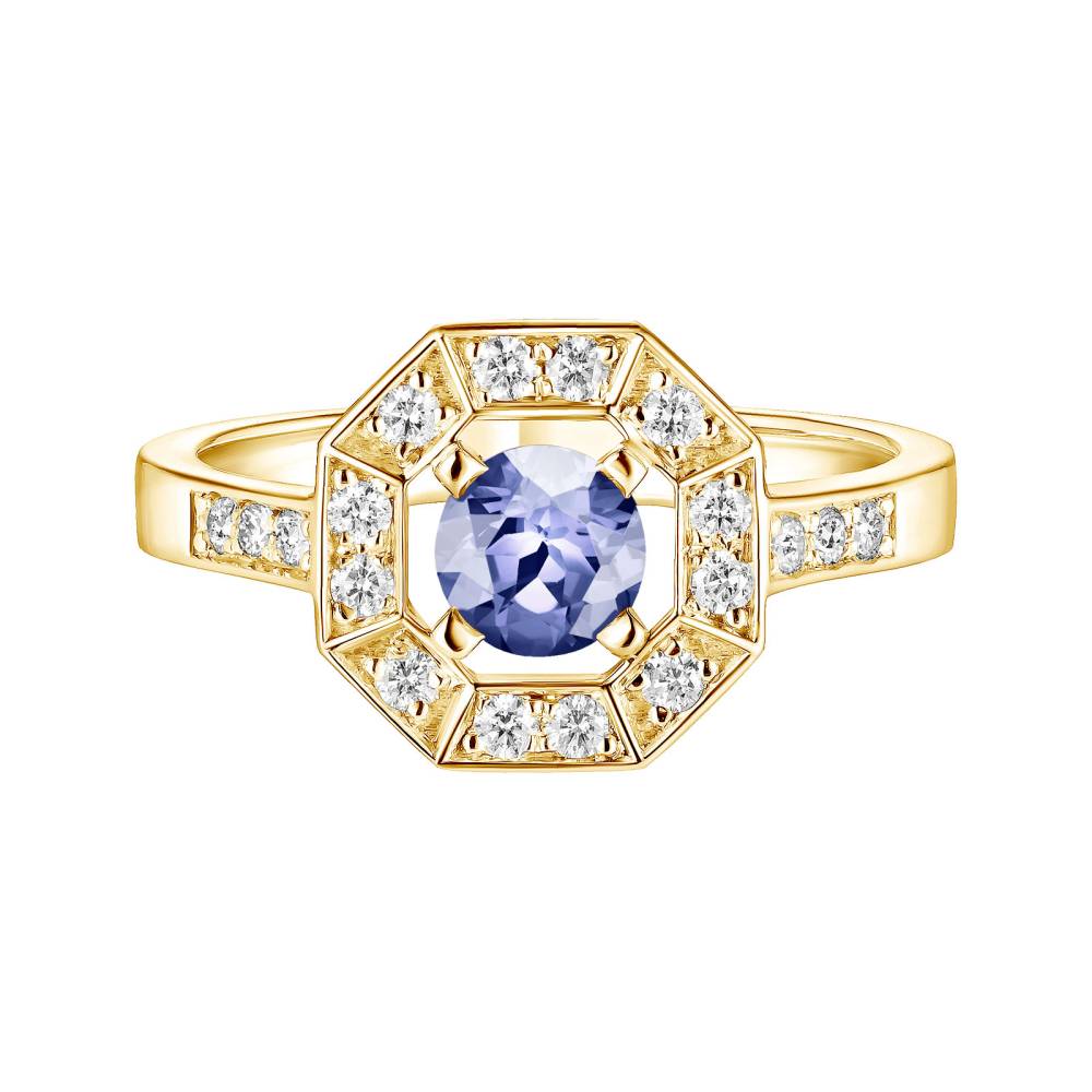 Bague Or jaune Tanzanite et diamants Art Déco Rond 5 mm 2