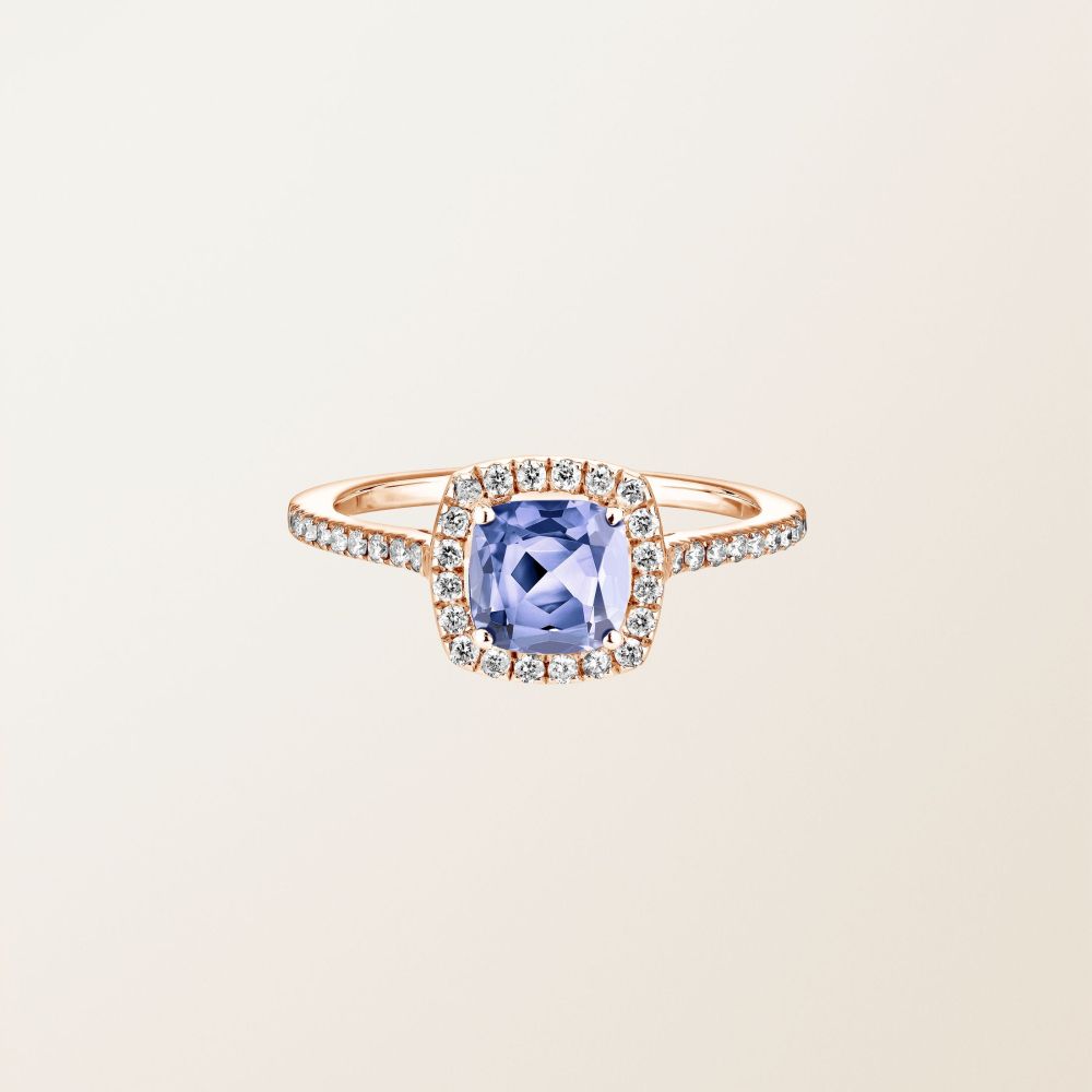 Bague Or rose Tanzanite et diamants Rétromantique Coussin Pavée 2