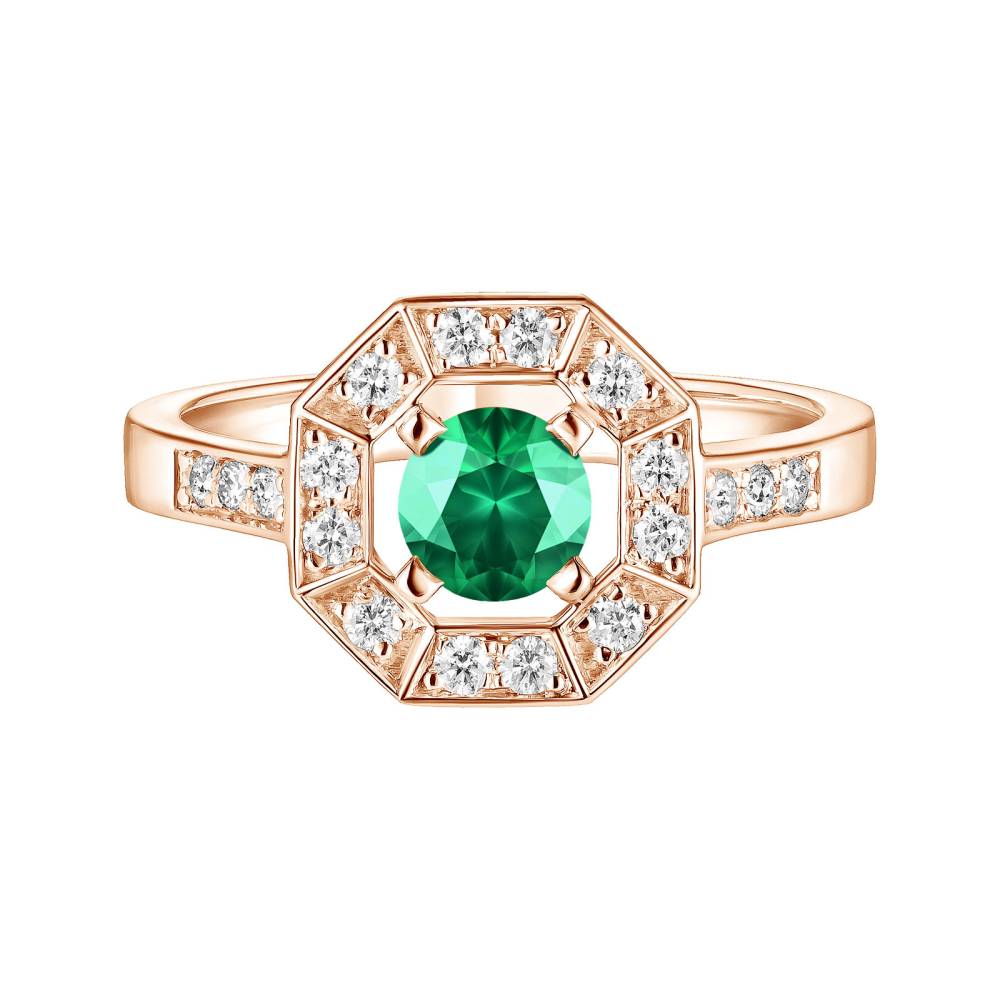 Ring Rose gold Emerald and diamonds Art Déco Rond 5 mm 2