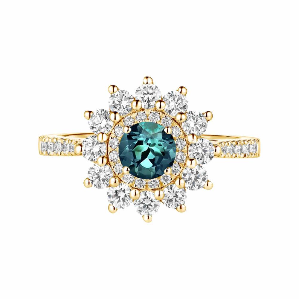 Ring Yellow gold Teal Sapphire and diamonds Lefkos 5 mm Pavée 2