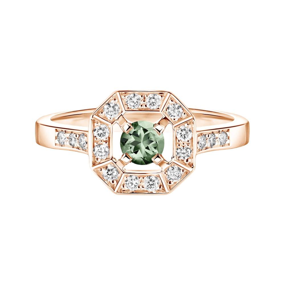 Bague Or rose Saphir Vert et diamants Art Déco Rond 4 mm 2