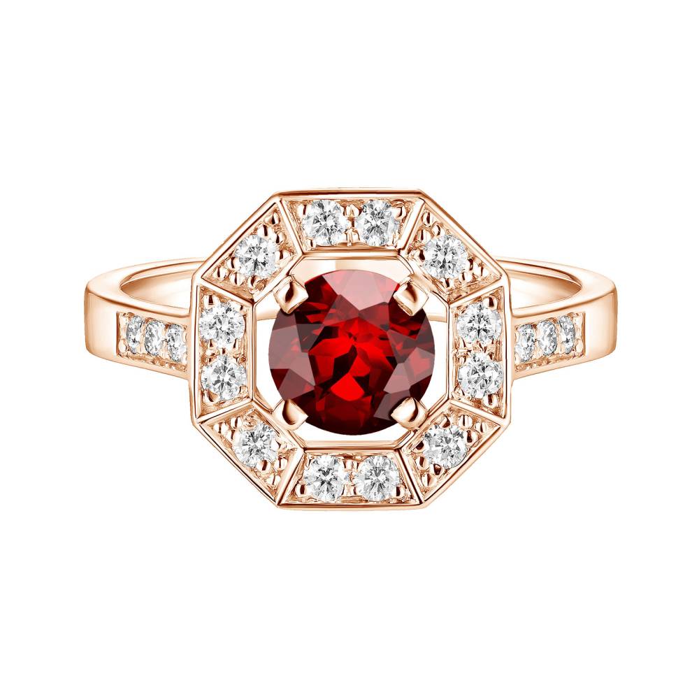 Ring Rose gold Garnet and diamonds Art Déco Rond 6 mm 2