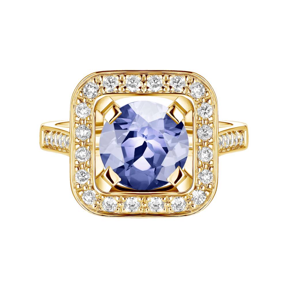 Bague Or jaune Tanzanite et diamants Art Déco Rond 8 mm 2