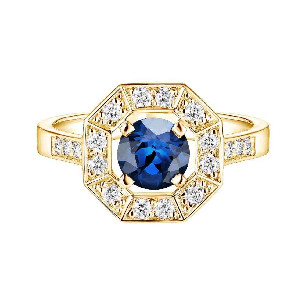 Ring Yellow gold Sapphire and diamonds Art Déco Rond 6 mm 2