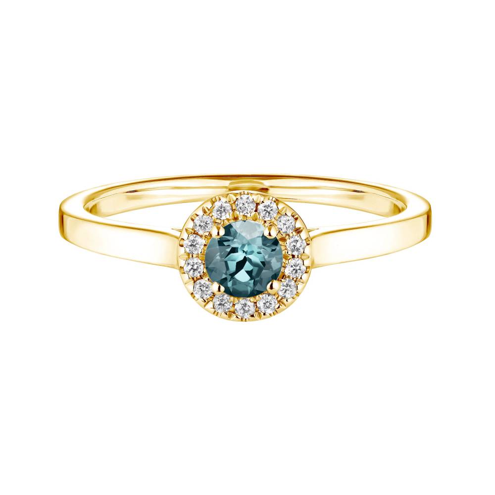 Bague Or jaune Saphir Bleu Gris et diamants Rétromantique S 2