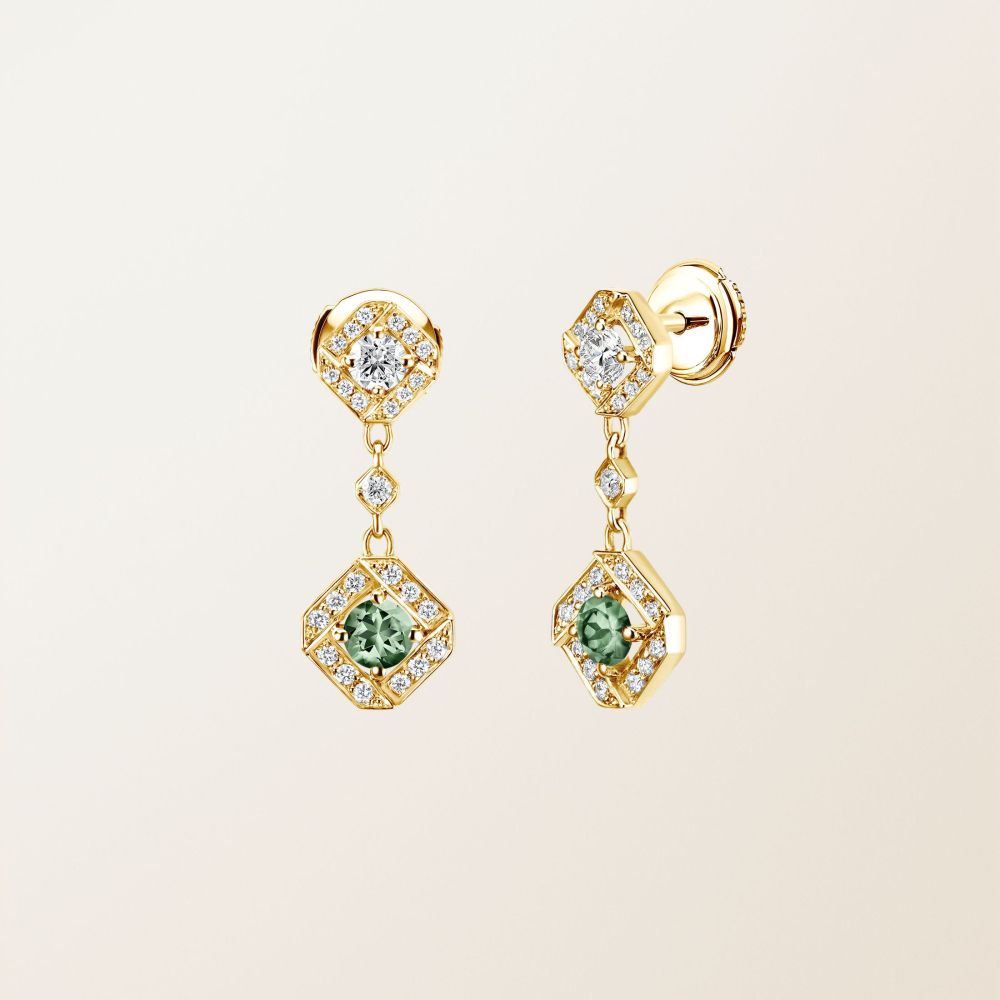 Boucles d'oreilles Or jaune Saphir Vert et diamants Plissage 2