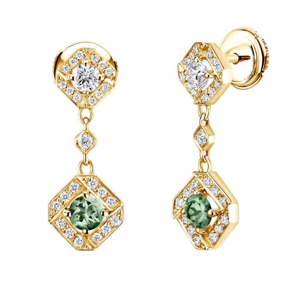 Earrings Yellow gold Green Sapphire and diamonds Plissage 2