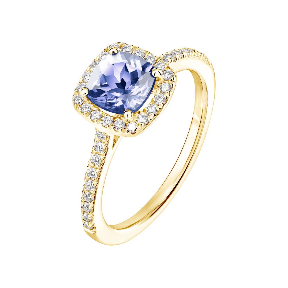 Bague Or jaune Tanzanite et diamants Rétromantique Coussin Pavée 2