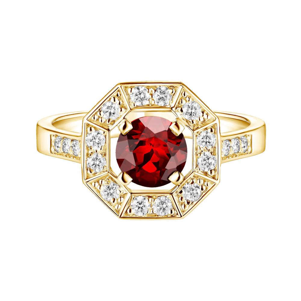 Ring Yellow gold Garnet and diamonds Art Déco Rond 6 mm 2