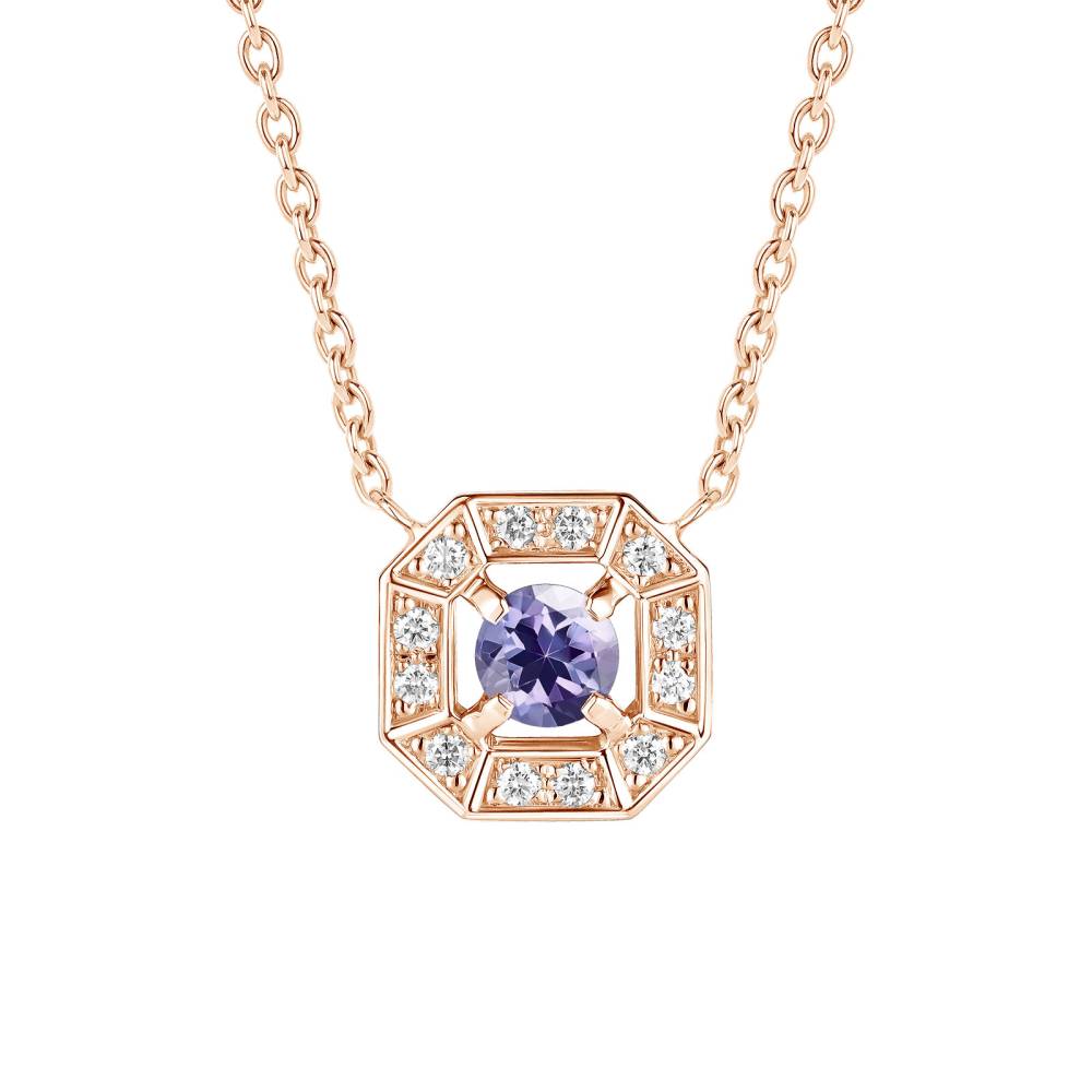 Pendentif Or rose Tanzanite et diamants Art Déco Rond 4 mm 2