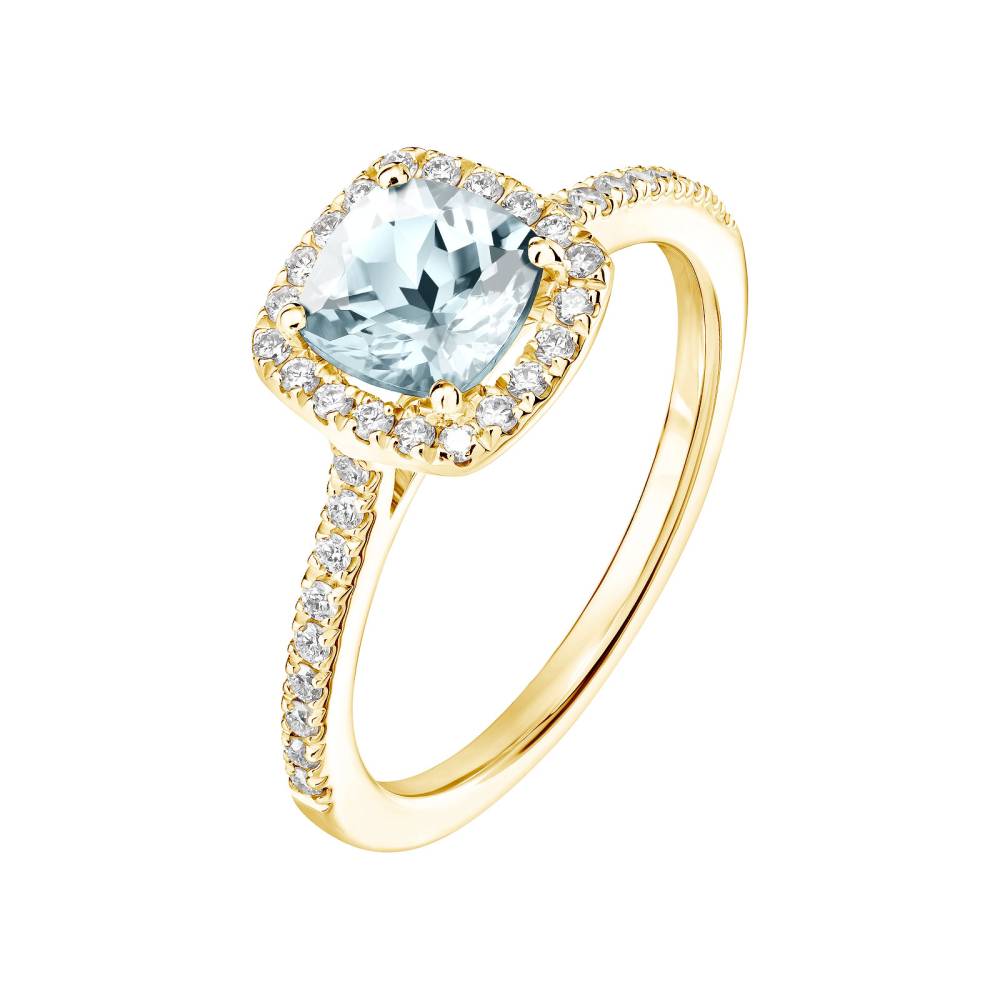 Bague Or jaune Aigue-marine et diamants Rétromantique Coussin Pavée 2