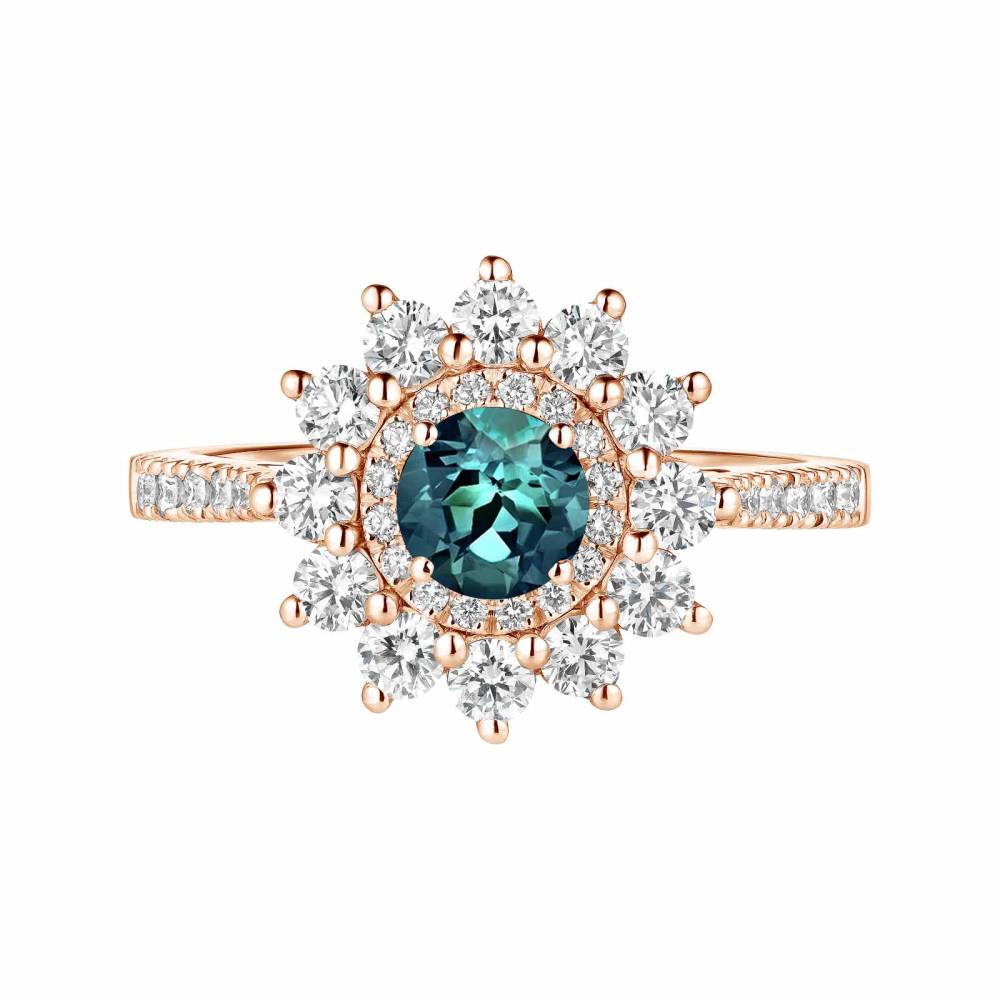 Bague Or rose Saphir Teal et diamants Lefkos 5 mm Pavée 2