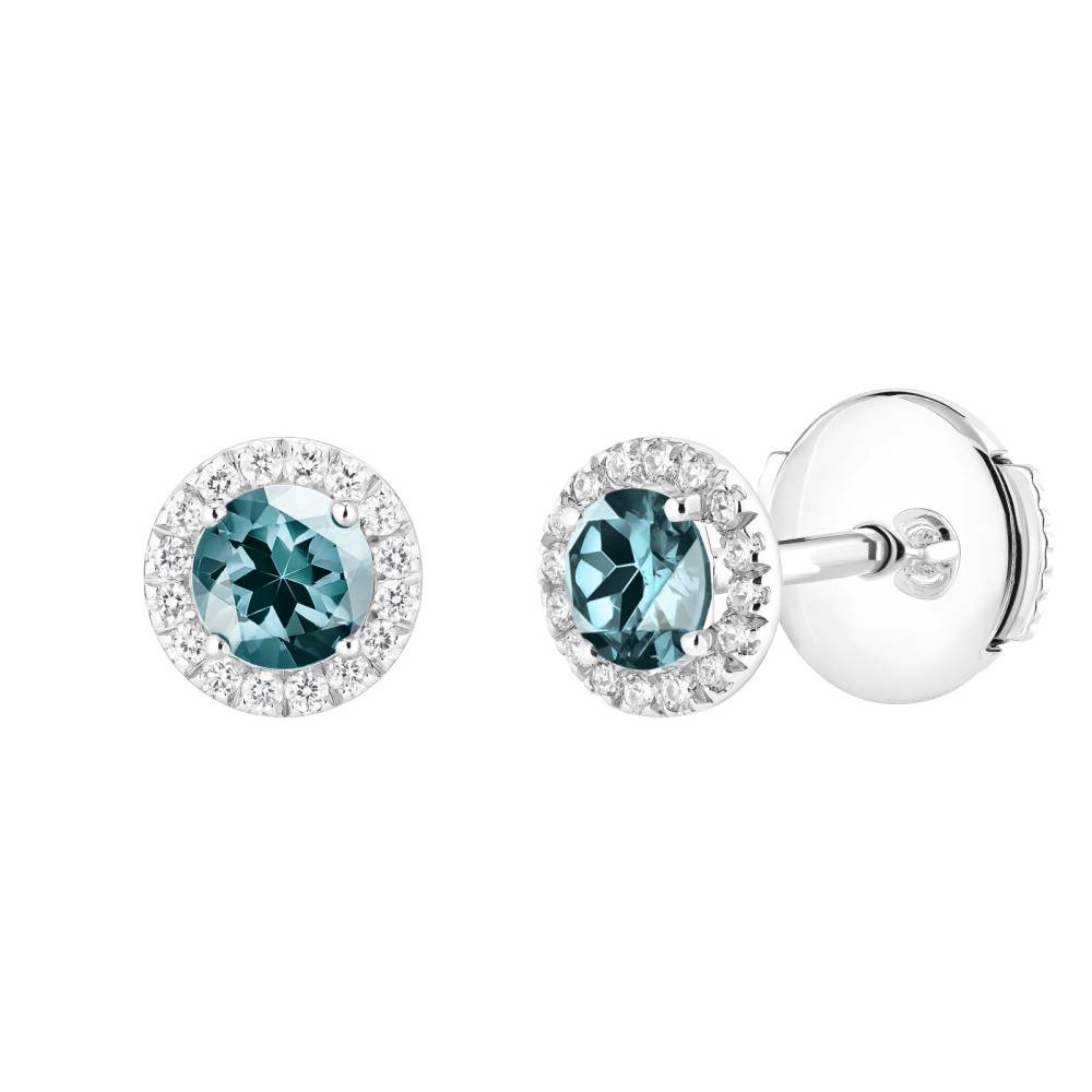 Boucles d'oreilles Or blanc Saphir Bleu Gris et diamants Rétromantique S 2