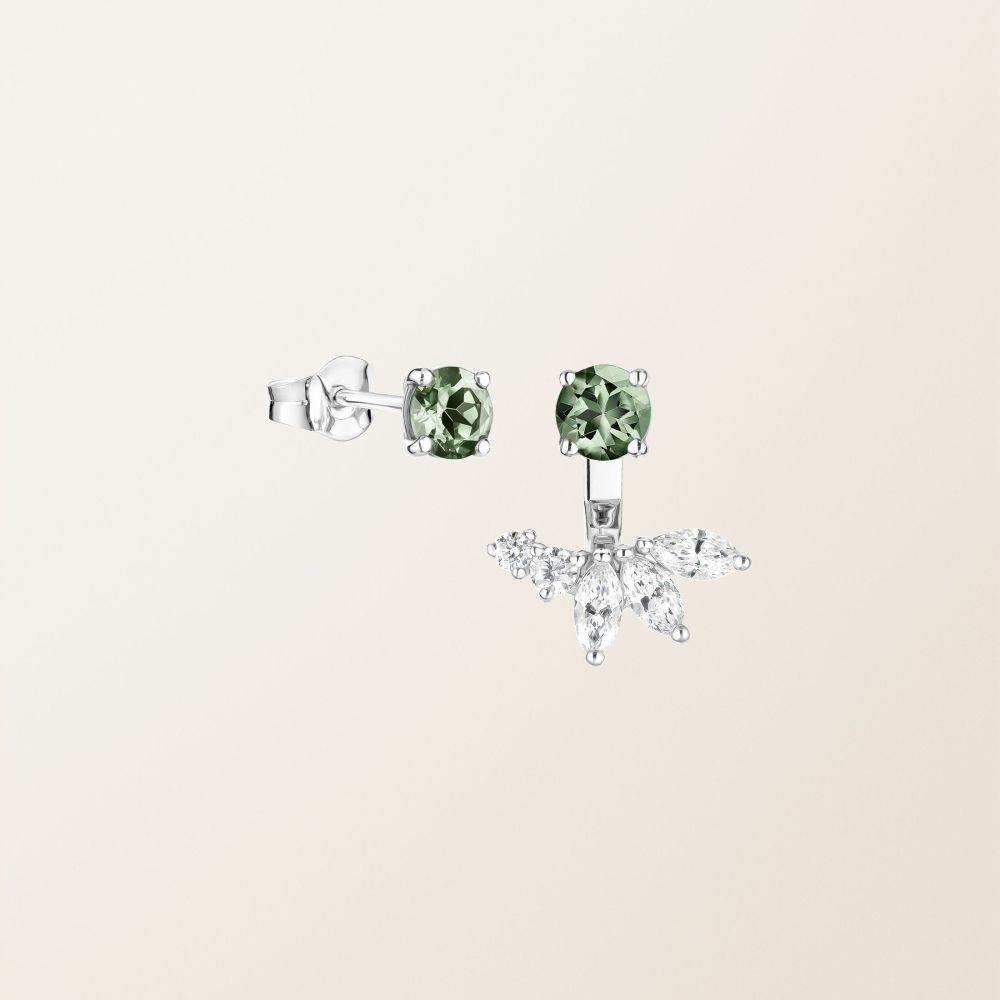 Boucles d'oreilles Or blanc Saphir Vert et diamants EverBloom Asymétriques 2