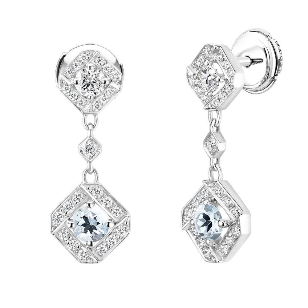 Boucles d'oreilles Or blanc Aigue-marine et diamants Plissage 2