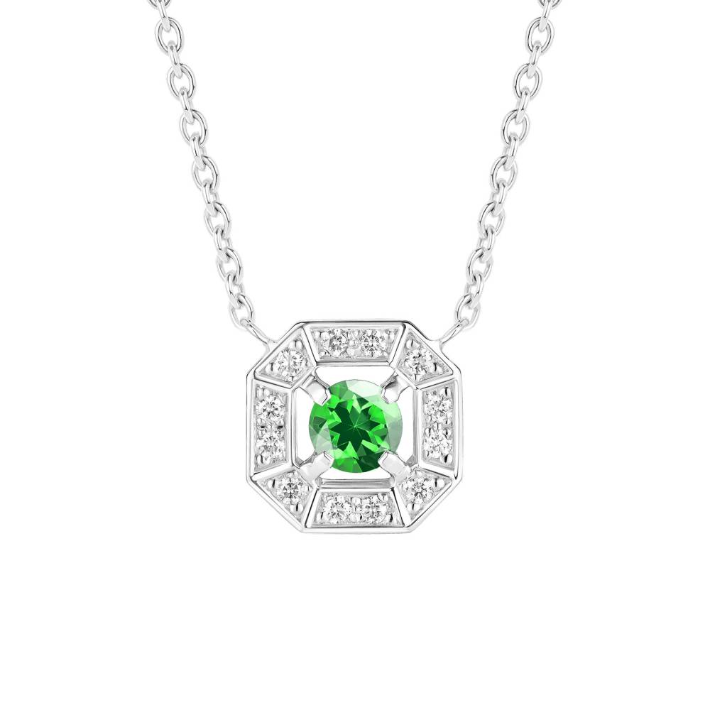 Pendentif Or blanc Tsavorite et diamants Art Déco Rond 4 mm 2