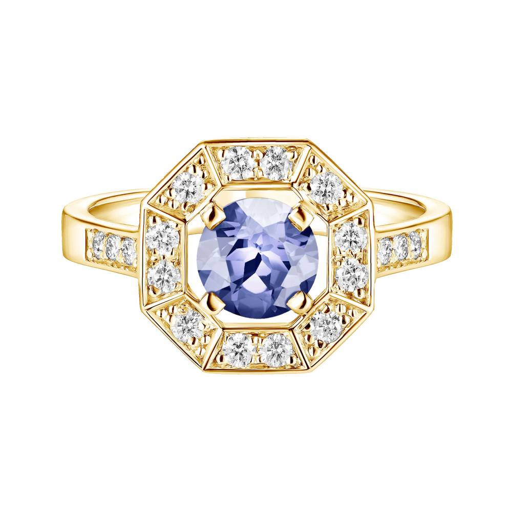 Bague Or jaune Tanzanite et diamants Art Déco Rond 6 mm 2