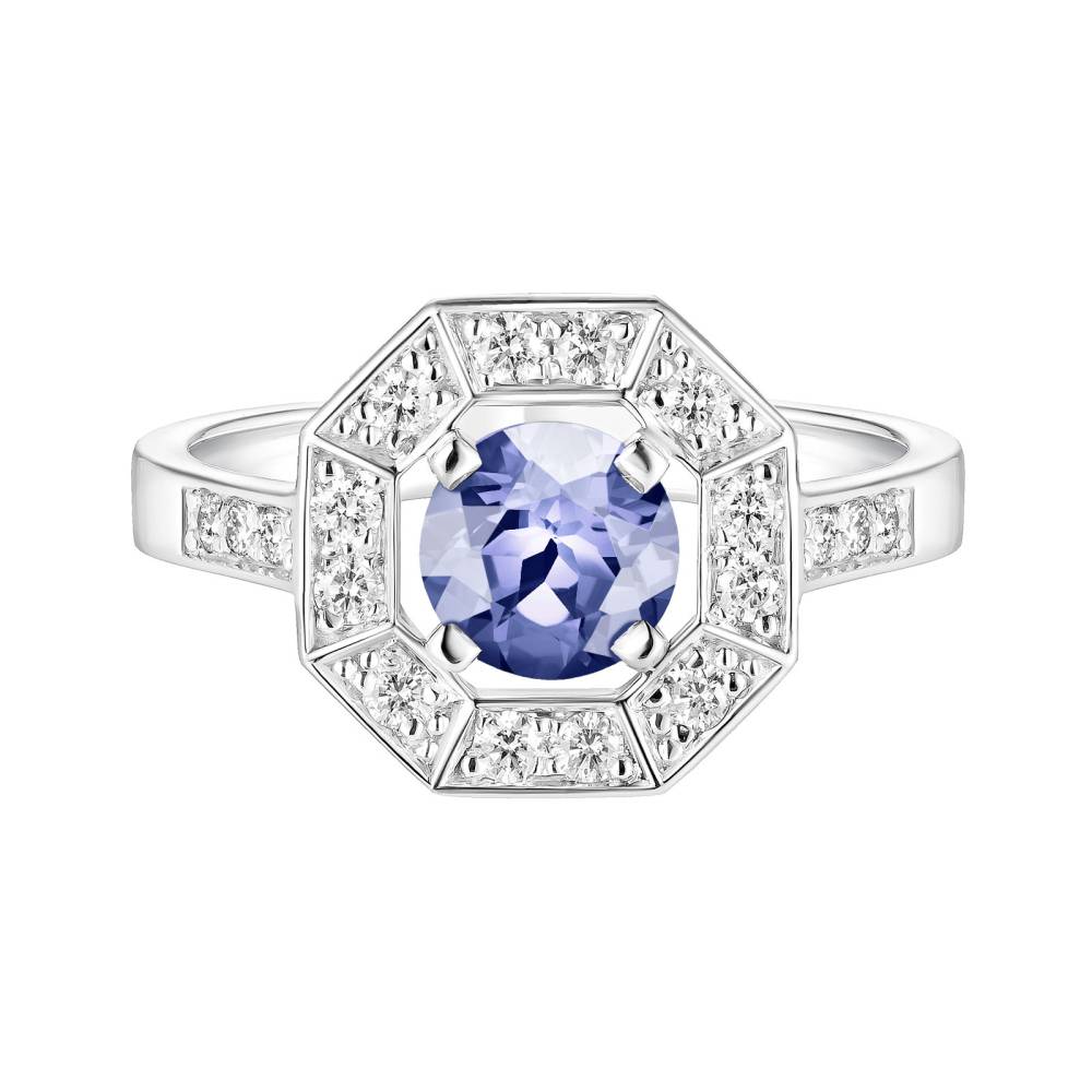 Bague Or blanc Tanzanite et diamants Art Déco Rond 6 mm 2