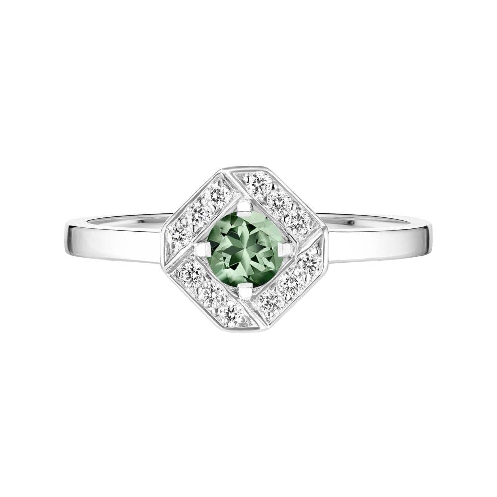 Bague Or blanc Saphir Vert et diamants Plissage Rond 4 mm 2