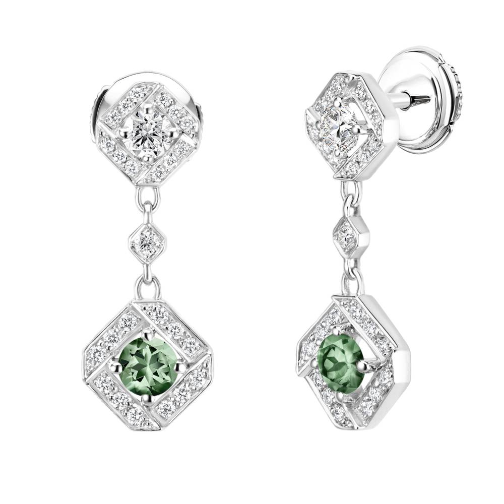 Boucles d'oreilles Or blanc Saphir Vert et diamants Plissage 2