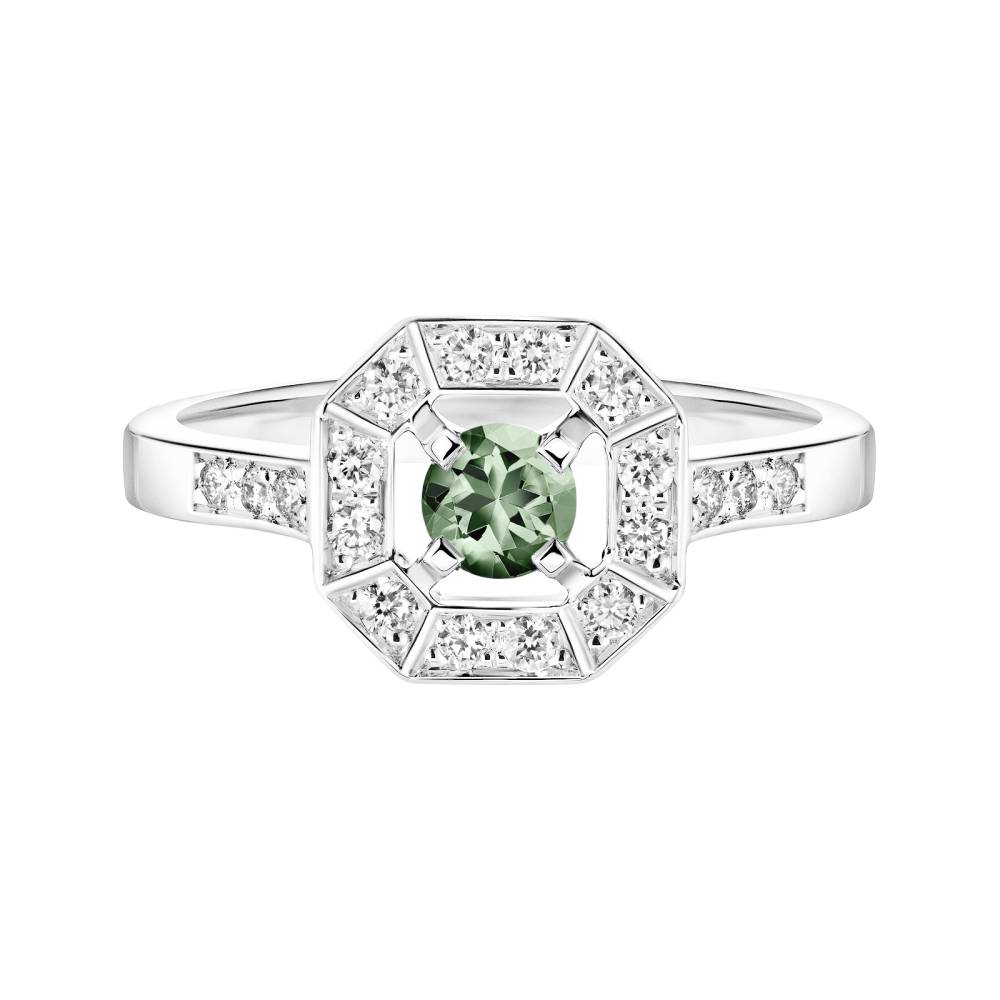 Bague Or blanc Saphir Vert et diamants Art Déco Rond 4 mm 2