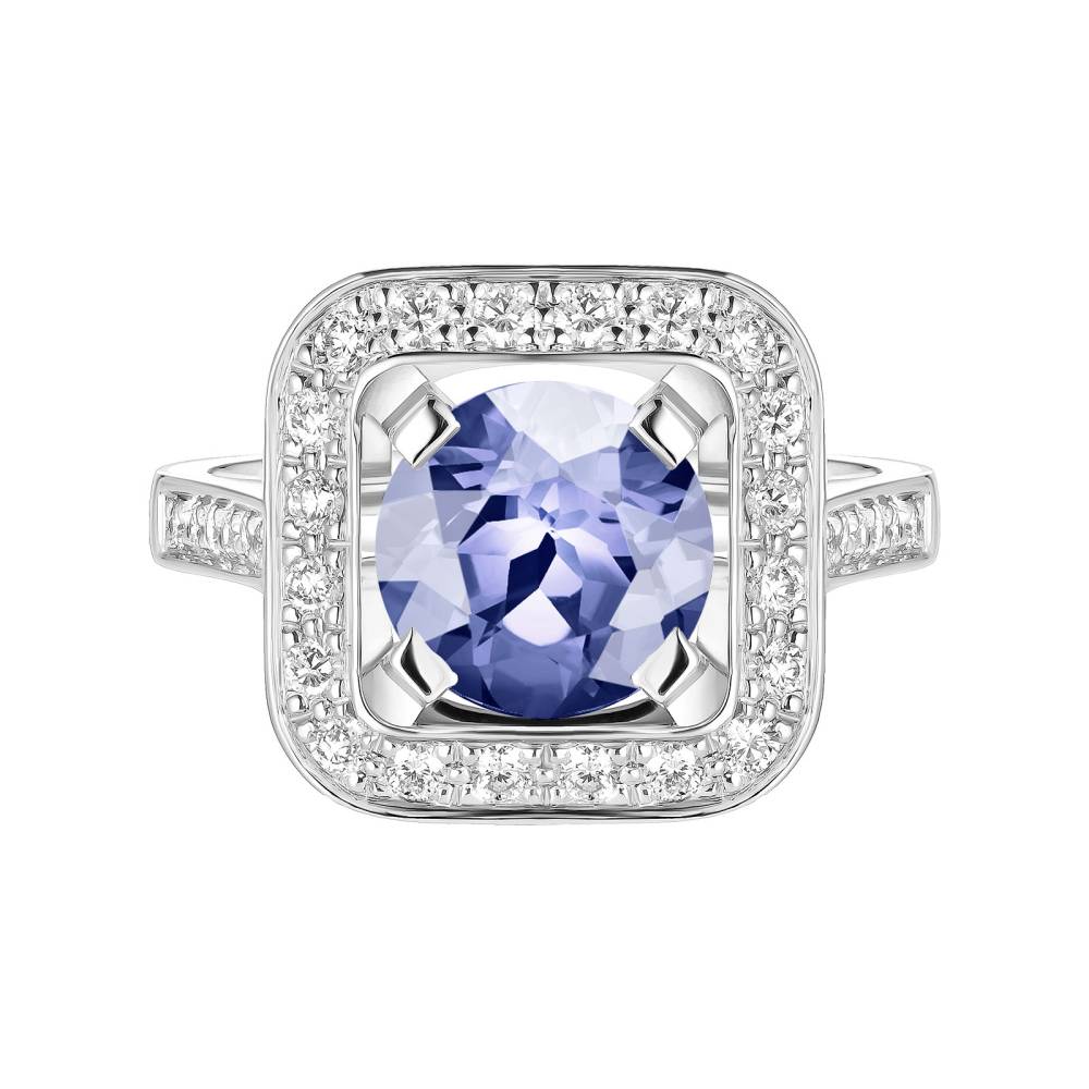 Bague Or blanc Tanzanite et diamants Art Déco Rond 8 mm 2