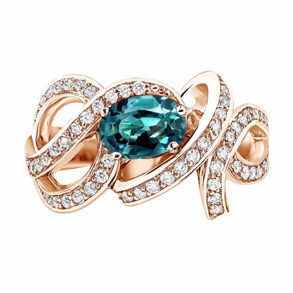 Ring Rose gold Teal Sapphire and diamonds Olympia 2