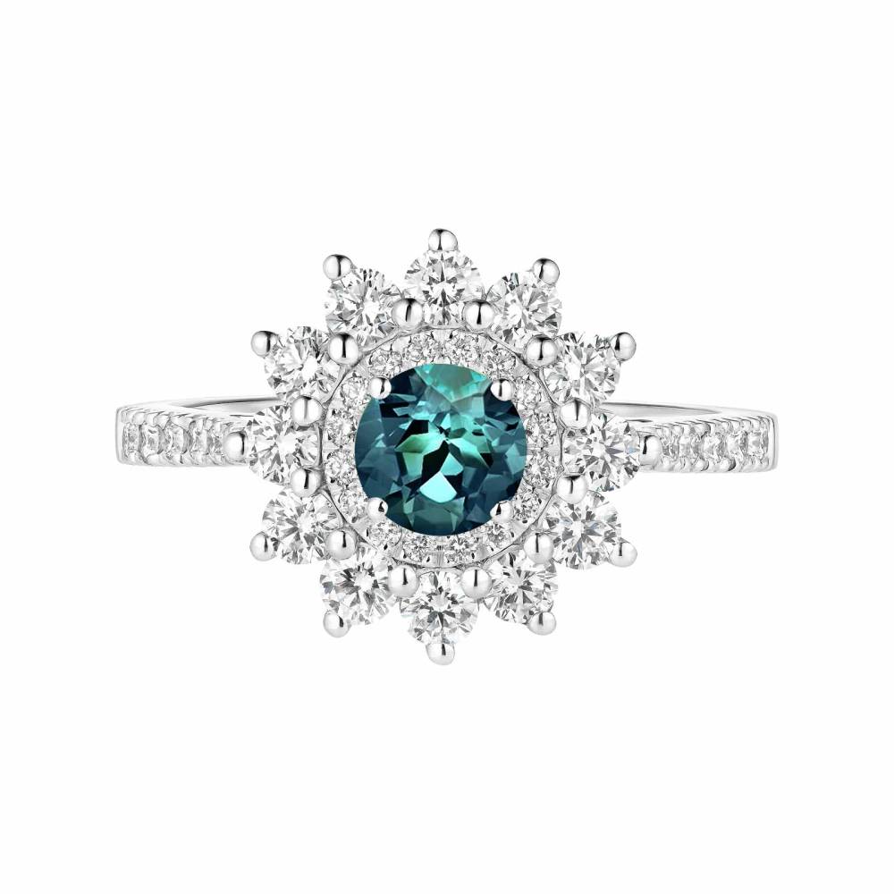 Ring White gold Teal Sapphire and diamonds Lefkos 5 mm Pavée 2