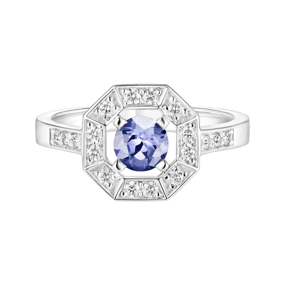 Bague Or blanc Tanzanite et diamants Art Déco Rond 5 mm 2