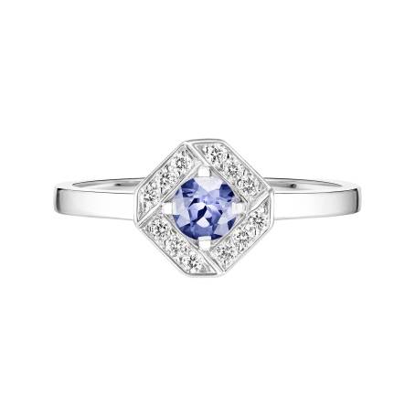 Bague Or blanc 18 cts Tanzanite Plissage Rond 4 mm