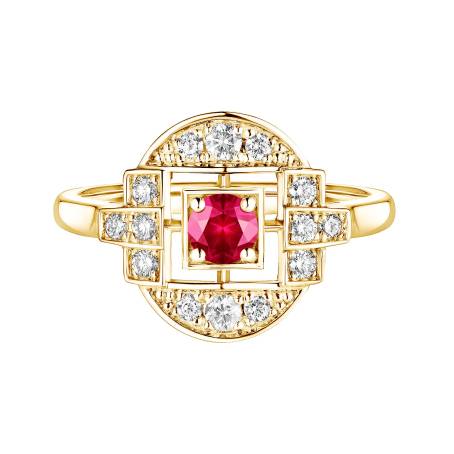Art Déco Solo Yellow Gold Ruby Ring