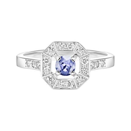 Bague Or blanc 18 cts Tanzanite Art Déco Rond 4 mm