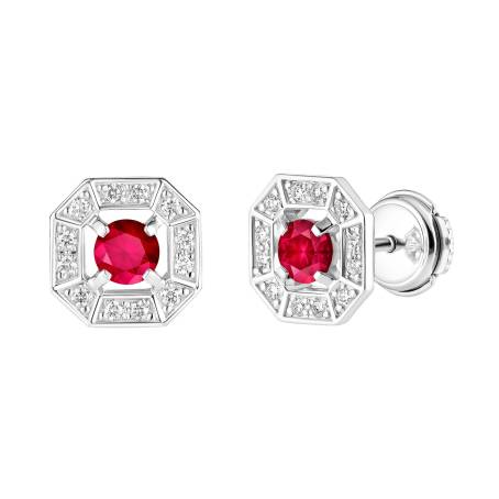 Boucles d'oreilles Or blanc 18 cts Rubis Art Déco Rond 4 mm