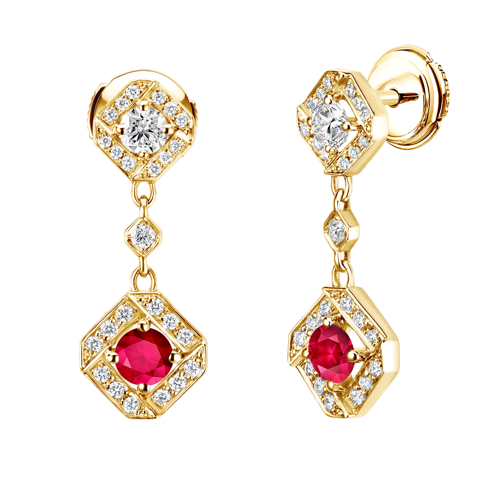 Earrings Yellow gold Ruby and diamonds Plissage 1