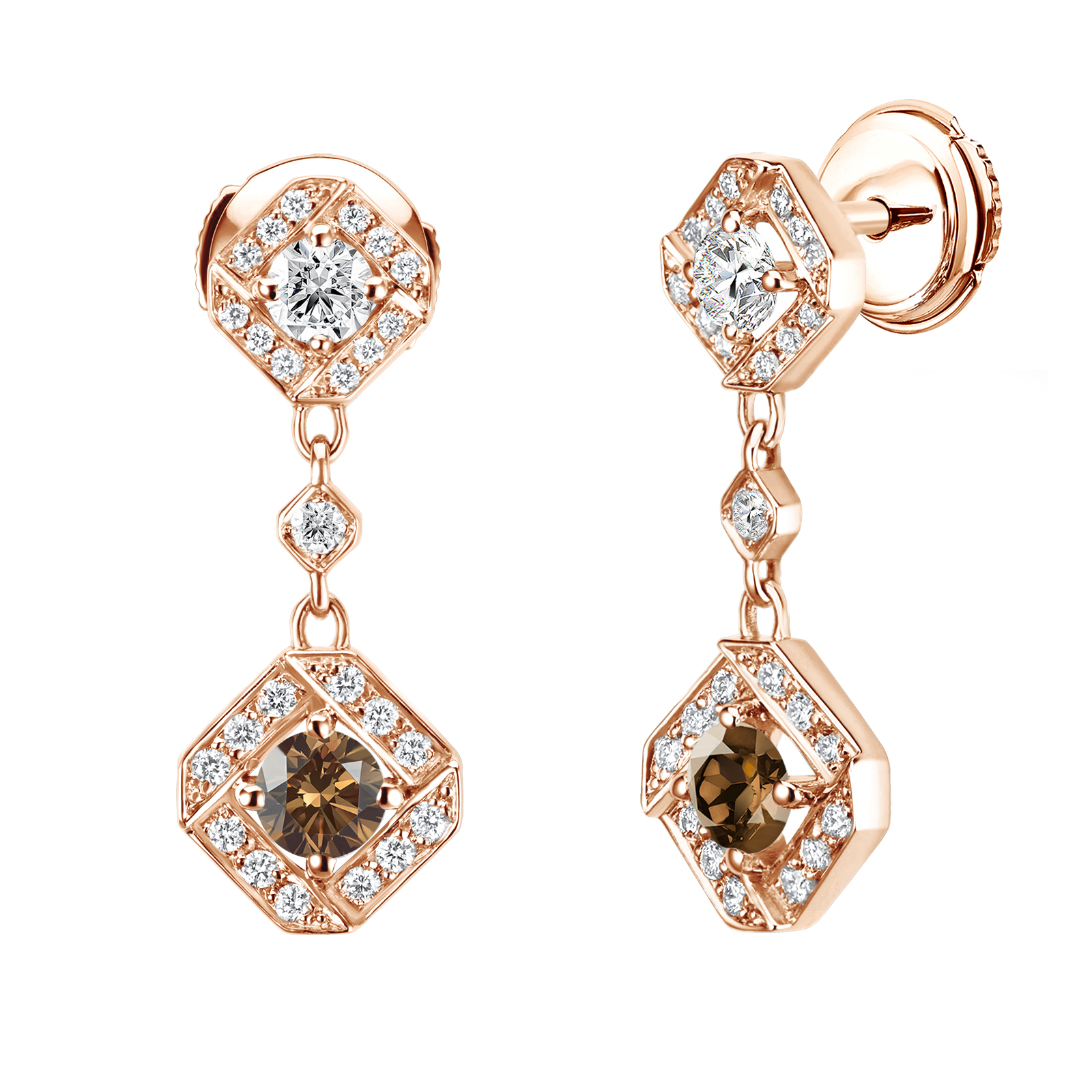 Earrings Rose gold Chocolate Diamond and diamonds Plissage 1